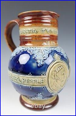 1897 Doulton Lambeth 7.5 Queen Victoria Jubilee Stoneware Jug Antique Pottery