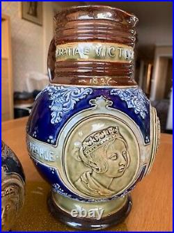 1897 Doulton Lambeth ware Queen Victoria diamond jubilee trio LG jug, small jug