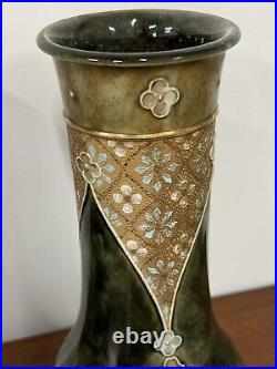 2 Vintage Royal Doulton Lambeth Stoneware Green Art Nouveau Vase Pair 834B 12
