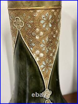 2 Vintage Royal Doulton Lambeth Stoneware Green Art Nouveau Vase Pair 834B 12