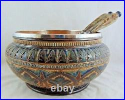 ANTIQUE DOULTON LAMBETH SALAD BOWL by EDITH D LUPTON WITH SILVER PLATED SERVERS