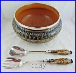 ANTIQUE DOULTON LAMBETH SALAD BOWL by EDITH D LUPTON WITH SILVER PLATED SERVERS