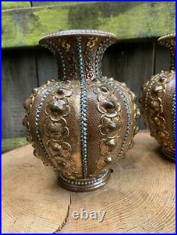 ANTIQUE pottery DOULTON SLATERS PATENT VASES rare gold glaze stoneware Lambeth