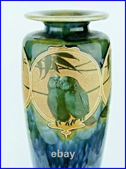 A 14 Tall Doulton Lambeth Vase Decorated with Exotic Birds by Florence Barlow