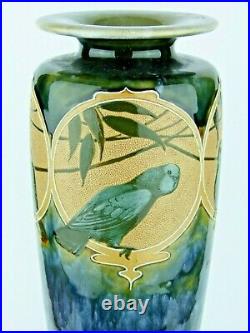 A 14 Tall Doulton Lambeth Vase Decorated with Exotic Birds by Florence Barlow