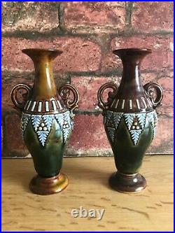 A Fabulous Pair of Antique Circa 1885 Miniature Doulton Lambeth Baluster Vases