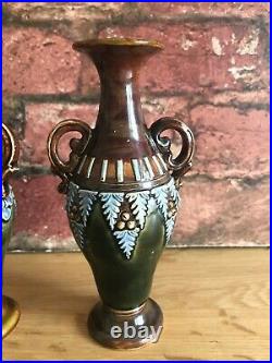 A Fabulous Pair of Antique Circa 1885 Miniature Doulton Lambeth Baluster Vases