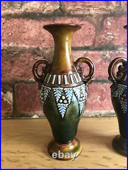 A Fabulous Pair of Antique Miniature Circa 1885 Doulton Lambeth Baluster Vases