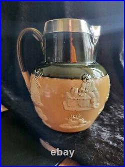 A Rare Antique Doulton Lambeth Stoneware Silver Rim Beer/Water Jug 9429 Green