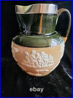 A Rare Antique Doulton Lambeth Stoneware Silver Rim Beer/Water Jug 9429 Green