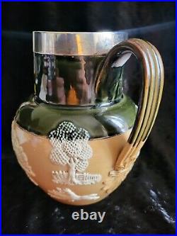 A Rare Antique Doulton Lambeth Stoneware Silver Rim Beer/Water Jug 9429 Green