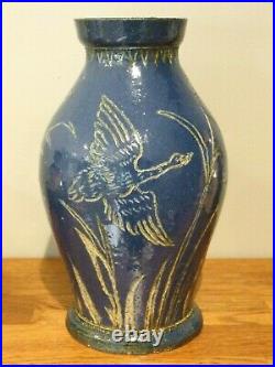 A Rare Doulton Lambeth Geese in Flight Blue Ground Vase by Hannah Barlow. 1877
