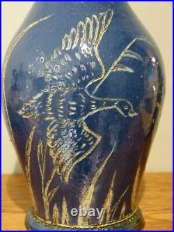 A Rare Doulton Lambeth Geese in Flight Blue Ground Vase by Hannah Barlow. 1877