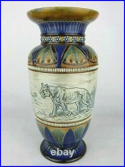 A Stunning 13 1/2 Doulton Lambeth Lion Pride Vase by Hannah Barlow. Dated 1883