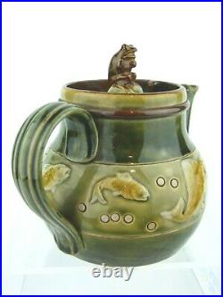 A Super Doulton Lambeth Teapot Frog Finial & Ornamental Carp- George Tinworth