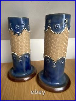 A good antique pair of DOULTON LAMBETH spill vases 8409 MISPRINTED DOYAL DOULTON