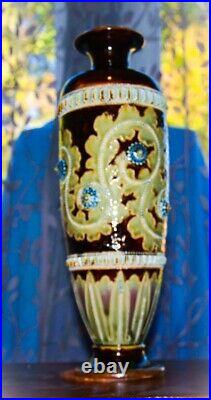A large elongated antique Doulton Lambeth vase by George Tinworth 35cm 1876