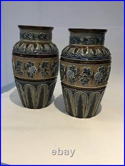 A unique pair of Victorian Doulton Lambeth vases by Elizabeth Shelley 1882-1890