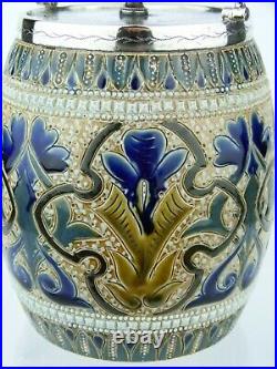 An Exquisite Doulton Lambeth Biscuit Barrel by Edith Lupton. Dated 1880