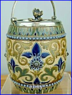 An Exquisite Doulton Lambeth Biscuit Barrel by Edith Lupton. Dated 1880