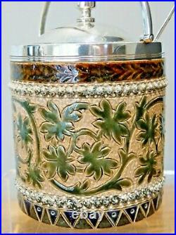 An Exquisite Doulton Lambeth Preserve/ Honey Pot with Silver Plated Lid & Spoon
