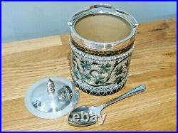 An Exquisite Doulton Lambeth Preserve/ Honey Pot with Silver Plated Lid & Spoon