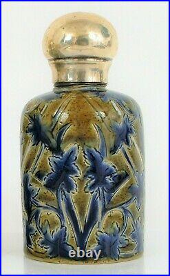 Antique 1879 Doulton Lambeth Signed Beautiful Decanter Sterling Top Stoneware