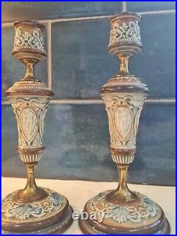 Antique Doulton Lambeth Candlesticks Matching Pair Art Nouveau Excellent Example