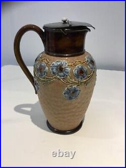 Antique Doulton Lambeth Ewer jug with pewter lid By Emily Partington. 22.5cm