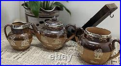 Antique Doulton Lambeth Harvest Silver Rimmed Teapot Jug Sugar Pot 1880s