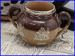Antique Doulton Lambeth Harvest Silver Rimmed Teapot Jug Sugar Pot 1880s