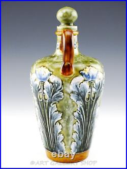 Antique Doulton Lambeth STONEWARE EWER FLAGON BOTTLE with STOPPER Artist Signed