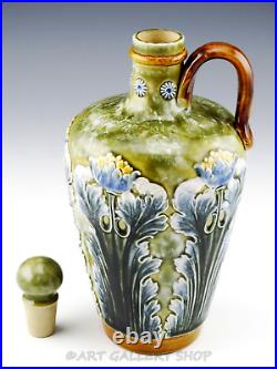 Antique Doulton Lambeth STONEWARE EWER FLAGON BOTTLE with STOPPER Artist Signed