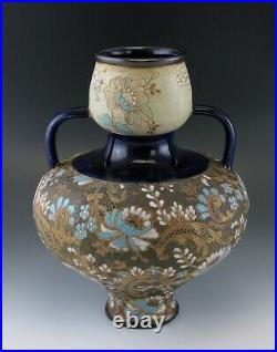 Antique Doulton Lambeth Slaters Dark Blue Double Handle Amphora Vase