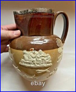 Antique Doulton Lambeth Stoneware Pitcher with Sterling Silver Rim 7.5