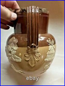 Antique Doulton Lambeth Stoneware Pitcher with Sterling Silver Rim 7.5