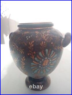 Antique Doulton Lambeth Vase Blue White And Gold Flowers On A Blue Background