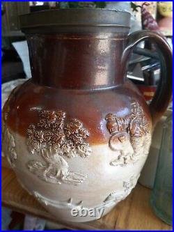 Antique LAMBETH Art pottery hand painted pitcher 1880s old ornate scenes