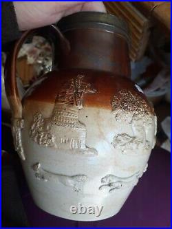 Antique LAMBETH Art pottery hand painted pitcher 1880s old ornate scenes