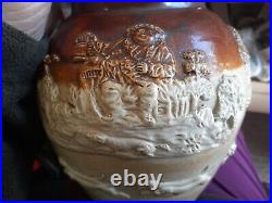 Antique LAMBETH Art pottery hand painted pitcher 1880s old ornate scenes