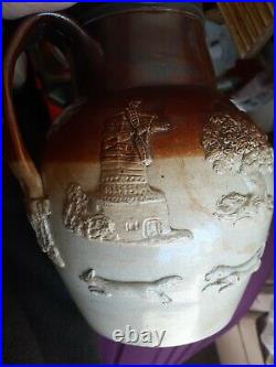 Antique LAMBETH Art pottery hand painted pitcher 1880s old ornate scenes