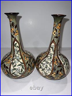 Antique Lambeth Doulton Faience Vase 1879 Signed Set Floral Garden Unique Classy