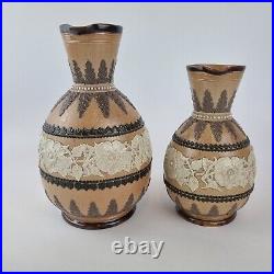 Antique Pair Graduated Doulton Lambeth Stoneware Jugs Decorated Flowers 19cm