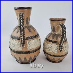 Antique Pair Graduated Doulton Lambeth Stoneware Jugs Decorated Flowers 19cm