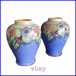 Antique Pair Of Blue Floral Royal Doulton Lambeth Vases By Ada Tosen C1920s