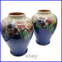 Antique Pair Of Blue Floral Royal Doulton Lambeth Vases By Ada Tosen C1920s