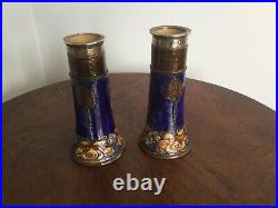 Antique Pair Of Silver Mounted Royal Daulton Stoneware Vases