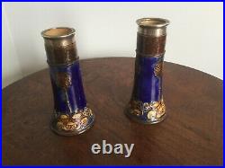Antique Pair Of Silver Mounted Royal Daulton Stoneware Vases