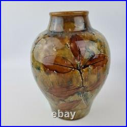 Antique Pair Royal Doulton Lambeth Stoneware Vases Urns With Leaf Foliage 20cm