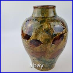 Antique Pair Royal Doulton Lambeth Stoneware Vases Urns With Leaf Foliage 20cm
